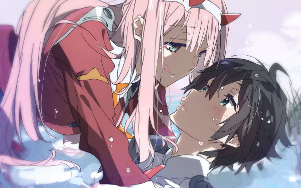 HD anime wallpaper featuring Zero Two and Hiro from Darling in the FranXX, sharing an intimate moment in a snowy setting.