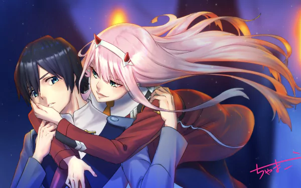 In this HD wallpaper featuring Darling in the FranXX anime, characters Hiro and Zero Two embrace. Zero Two, with pink hair and horns, wraps her arms around Hiro, who has blue eyes and dark hair.