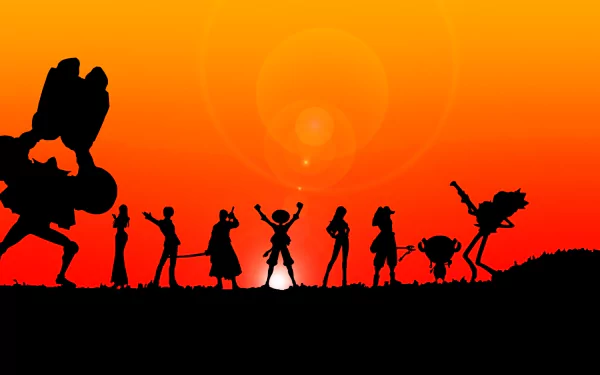 HD desktop wallpaper of silhouetted characters from the anime One Piece standing against an orange sunset backdrop, showcasing the iconic crew in a dramatic scene.