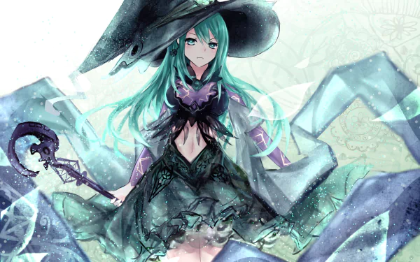 HD desktop wallpaper featuring Natsumi from the anime Date A Live, depicted in intricate, magical attire with long green hair and a large witch's hat against a mystical background.