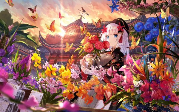 Anime-inspired original HD desktop wallpaper featuring a white-haired character in vibrant floral surroundings with butterflies against a traditional architectural backdrop.