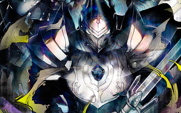 An HD desktop wallpaper depicting Touch Me from the anime Overlord, clad in intricate armor, holding a sword, and wearing a helmet. The dark, detailed design highlights the character's formidable presence.