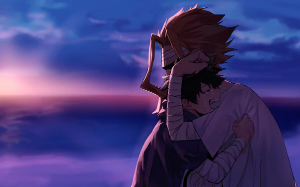 Izuku Midoriya, with green hair and crying, is embraced warmly by Toshinori Yagi (All Might) against a sunset background. This touching scene from My Hero Academia is a HD desktop wallpaper.