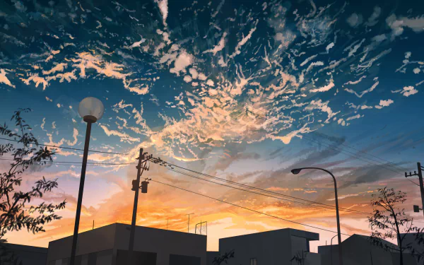 Anime-style HD wallpaper featuring a serene cityscape at sunset with vibrant clouds and street lamps.