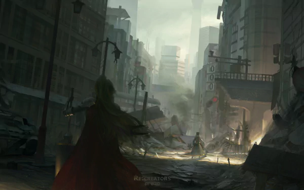 HD desktop wallpaper featuring characters Alicetaria February and Altair from Re:Creators on an abandoned street. The dark, dystopian cityscape adds an eerie atmosphere to the scene.