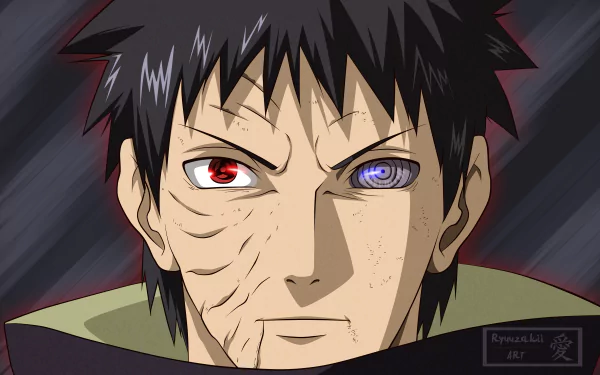 Close-up 4K Ultra HD wallpaper of Obito Uchiha from the anime Naruto, showcasing his distinct red and purple eyes and scarred face.