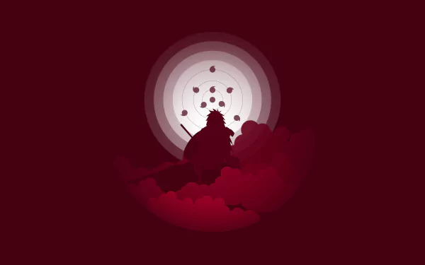 HD desktop wallpaper featuring Madara Uchiha from the anime Naruto, silhouetted against a glowing moon with ominous clouds in a dramatic, dark red scene.