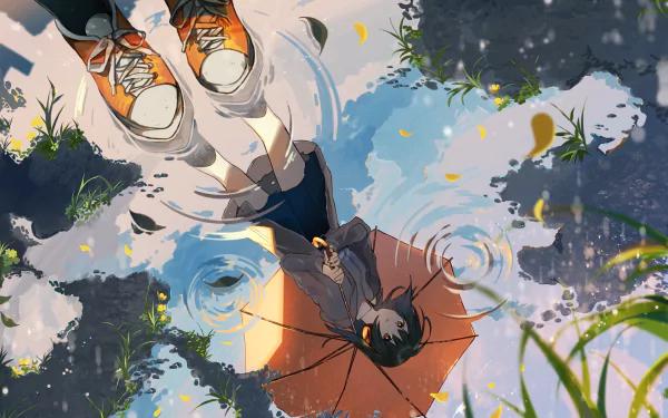HD anime wallpaper featuring a reflection of a character with long black hair, orange eyes, wearing headphones and holding an umbrella. The scene is vibrant, with detailed surroundings and lively colors.