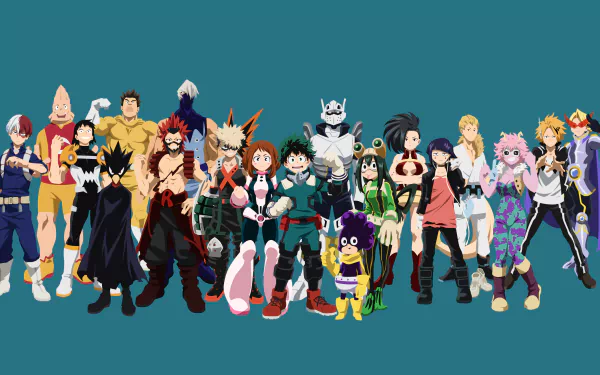 HD desktop wallpaper featuring a group of characters from the anime My Hero Academia against a teal background.