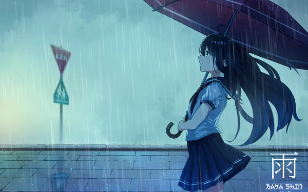 Anime girl with long black hair stands in the rain holding a red umbrella. Street signs and pavement are visible in the background. The image is a HD desktop wallpaper tagged as Anime, rain, and Original.