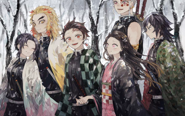 HD wallpaper featuring characters Kyojuro Rengoku, Tengen Uzui, Giyuu Tomioka, Shinobu Kochou, Nezuko Kamado, and Tanjiro Kamado from the anime Demon Slayer: Kimetsu no Yaiba, set against a snowy background.