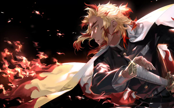 HD wallpaper featuring Kyojuro Rengoku from Demon Slayer: Kimetsu no Yaiba. The image depicts Kyojuro wielding a sword with flames, set against a dark background.