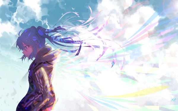 HD desktop wallpaper featuring Hatsune Miku from the Vocaloid series in an anime style. Miku stands against a vibrant sky with clouds, her hair flowing with colorful, abstract elements.