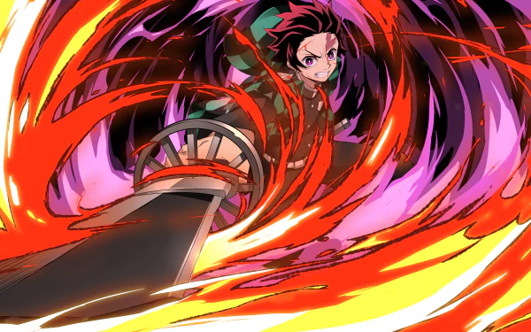 HD desktop wallpaper featuring Tanjiro Kamado from Demon Slayer: Kimetsu no Yaiba, wielding a katana surrounded by fiery Hinokami Kagura flames. Tanjiro, with a scar on his forehead, is in action.