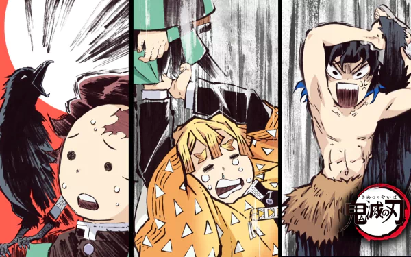 HD desktop wallpaper featuring Anime characters Tanjiro Kamado, Zenitsu Agatsuma, and Inosuke Hashibira from Demon Slayer: Kimetsu no Yaiba in a comical scene.