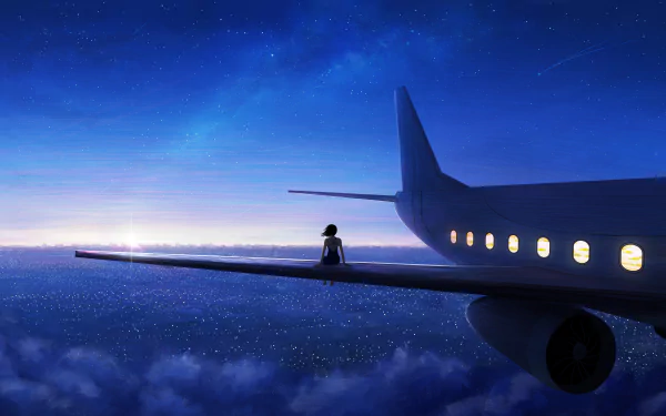 Anime-style HD desktop wallpaper featuring a serene night sky filled with stars and a shooting star. An aircraft wing with a small figure sitting on it is highlighted against the starry backdrop.