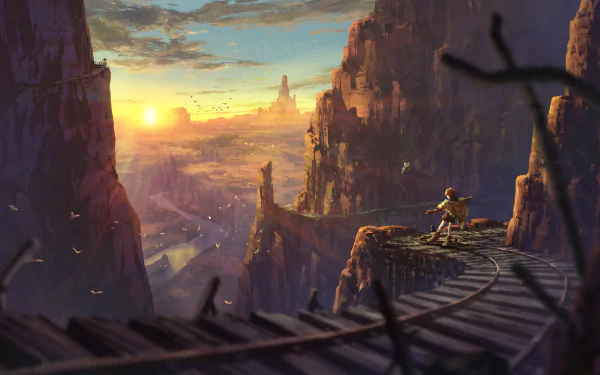 Anime-style HD wallpaper featuring a sunrise over a desert landscape with a railroad. The scene includes rocky cliffs and a lone figure gazing into the horizon.