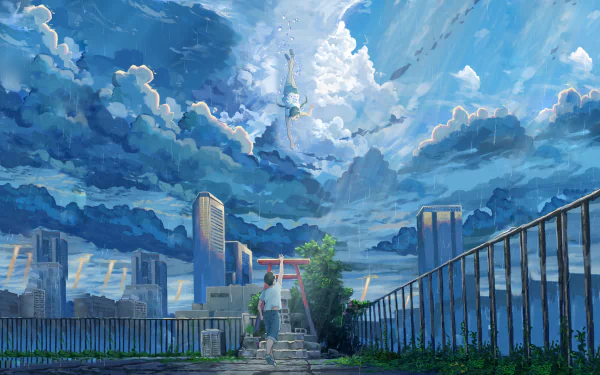 HD wallpaper of the anime Weathering with You, featuring characters Hina Amano and Hodaka Morishima, standing under a dramatic, cloudy sky in an urban setting.