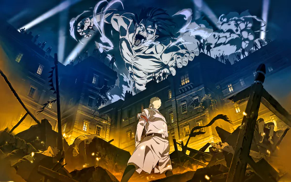 HD desktop wallpaper from Attack on Titan featuring a dynamic scene with a character in the foreground and a titan appearing in the background amidst a destroyed cityscape.