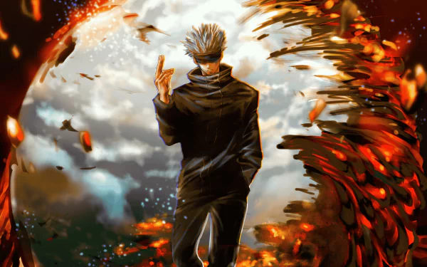HD desktop wallpaper featuring Satoru Gojo from Jujutsu Kaisen, depicted with a dramatic fiery explosion in the background.