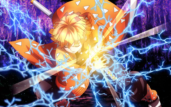 Anime wallpaper featuring Zenitsu Agatsuma from Demon Slayer: Kimetsu no Yaiba, showcasing him in a powerful pose with lightning effects. Set against a vivid background, it captures an intense and electrifying moment.