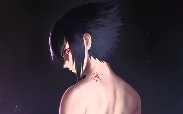 Sasuke Uchiha from Naruto depicted in a dramatic anime-style 4K Ultra HD wallpaper, showcasing his distinctive Sharingan eye and a tattoo on his back.