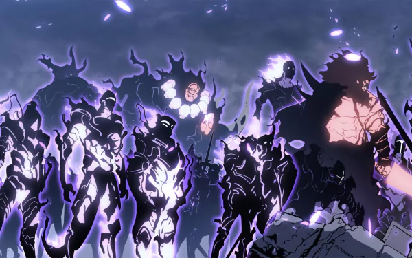 HD anime wallpaper featuring characters from Solo Leveling, with a dark, dramatic background and glowing purple accents surrounding the figures, creating an intense and dynamic scene.