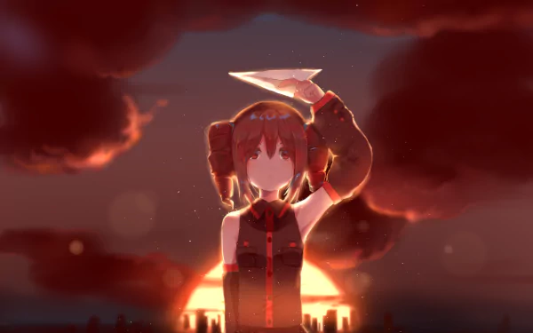 HD anime desktop wallpaper featuring Kasane Teto from Utau, set against a dramatic sunset sky with deep red clouds and glowing city lights below.