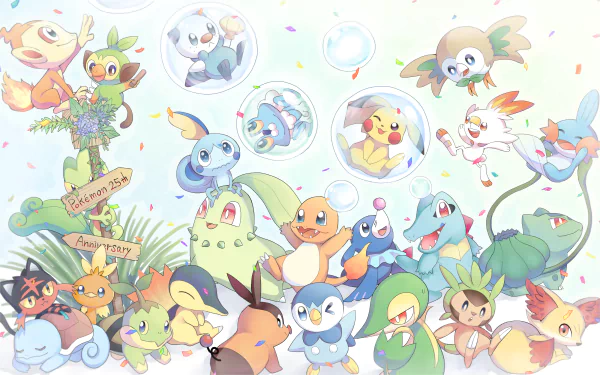 Anime-style HD Pokemon wallpaper featuring multiple playful Pokemon characters in a bright, cheerful scene with bubbles and pastel colors.