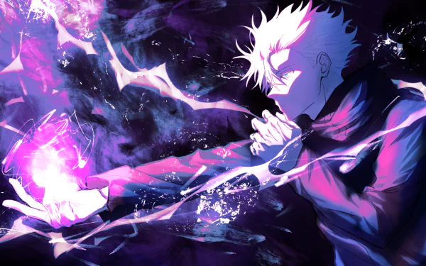 HD wallpaper featuring Satoru Gojo from Jujutsu Kaisen. He is shown in a school uniform with white hair, surrounded by purple energy, creating a striking and dynamic anime background.
