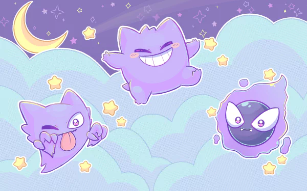 A 4K Ultra HD anime-style wallpaper featuring ghost Pokémon Haunter, Gengar, and Gastly floating playfully among stars and clouds under a crescent moon.