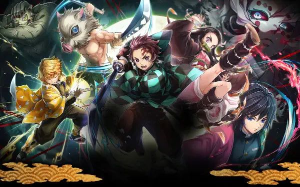 HD desktop wallpaper featuring characters from the anime series, Demon Slayer: Kimetsu no Yaiba, showcasing dynamic action poses and vivid colors.