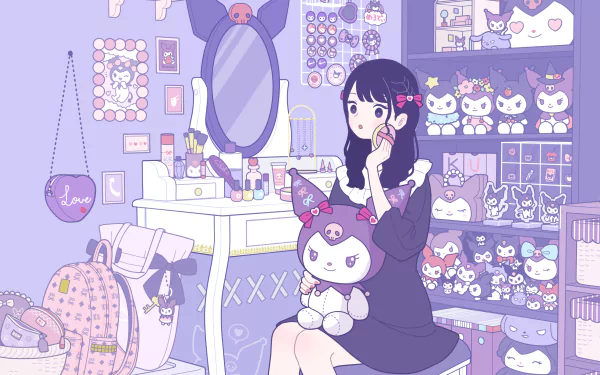 HD anime desktop wallpaper featuring Kuromi from Onegai My Melody, showcasing a girl holding a Kuromi plush in a pastel-themed room filled with Kuromi merchandise.