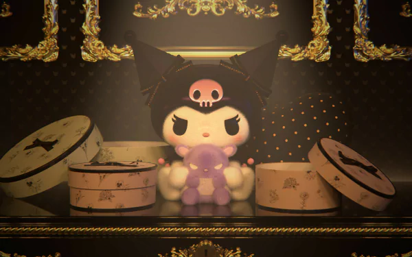 4K Ultra HD PC wallpaper featuring Kuromi from Onegai My Melody, depicted sitting with a purple teddy bear amid vintage-style hatboxes and ornate golden decor.