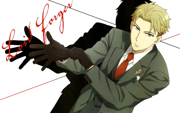 HD desktop wallpaper featuring Loid Forger from the anime Spy x Family, depicted adjusting a glove with his shadow in the background and his name written stylishly.