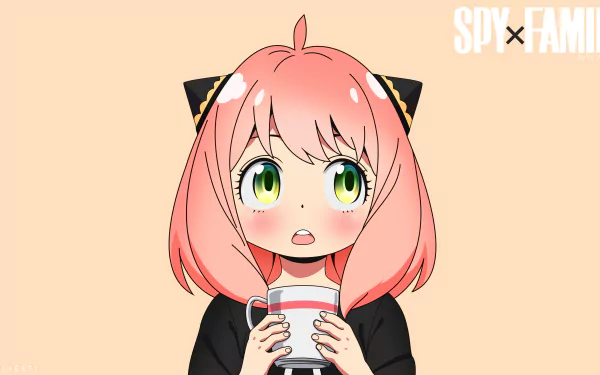 Anya Forger from Spy x Family holding a cup, featured in a vibrant 4K Ultra HD anime desktop wallpaper and background.