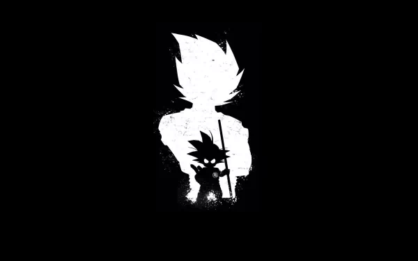 Silhouettes of two Dragon Ball characters in a minimalist black and white design, rendered as an 8K Ultra HD anime PC desktop wallpaper and background.