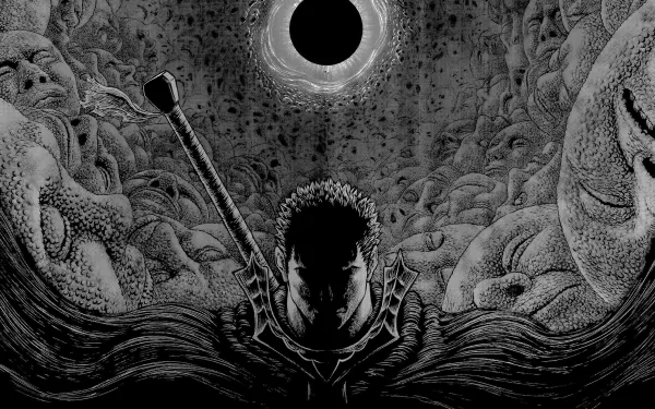 HD desktop wallpaper featuring Guts from the anime Berserk, portrayed in dark tones with intricate details and a menacing background, drawing the viewer into the intense atmosphere.