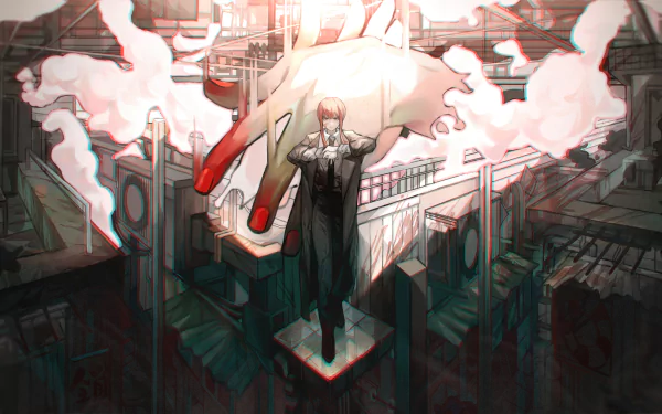 Makima from Chainsaw Man stands confidently above a cityscape in this detailed 8K Ultra HD anime wallpaper, blending dark tones with vibrant lighting effects.