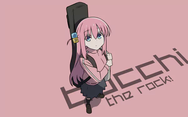 Hitori Gotou from Bocchi the Rock! stands with a guitar case on her back against a pink background featuring the show's title in 4K Ultra HD PC wallpaper style.
