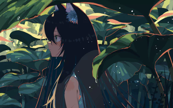 Anime girl with dark hair and cat ears stands amidst lush, oversized leaves in a detailed 4K Ultra HD PC desktop wallpaper background.