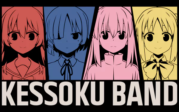 HD desktop wallpaper featuring Nijika Ijichi, Hitori Gotou, Ryou Yamada, and Ikuyo Kita from the anime Bocchi the Rock! in stylized color blocks. Text reads Kessoku Band at the bottom.