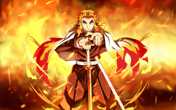 HD anime desktop wallpaper featuring Kyojuro Rengoku from Demon Slayer: Kimetsu no Yaiba, surrounded by vibrant flames and intense fiery background.