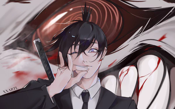 4K Ultra HD anime wallpaper featuring Aki Hayakawa from Chainsaw Man, showcasing his sharp suit and intense expression against a dynamic, dark background.