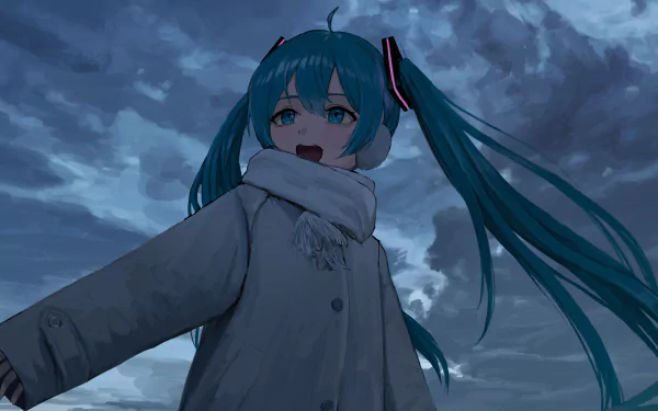 HD anime desktop wallpaper featuring Vocaloid character Hatsune Miku with teal twin-tails and winter coat, set against a dramatic cloudy evening sky.