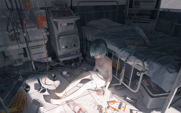A 4K Ultra HD wallpaper featuring Rei Ayanami from Neon Genesis Evangelion, depicted in a dimly lit hospital room surrounded by medical equipment and debris.
