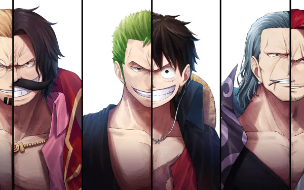 A vibrant HD wallpaper featuring iconic characters from the anime One Piece, displaying their confident expressions and unique styles against a clean background.