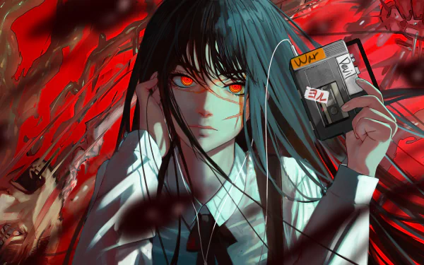 HD desktop wallpaper featuring the War Devil from Chainsaw Man anime. The character has intense red eyes, dark hair, and is holding a labeled book, set against a chaotic red-hued background.
