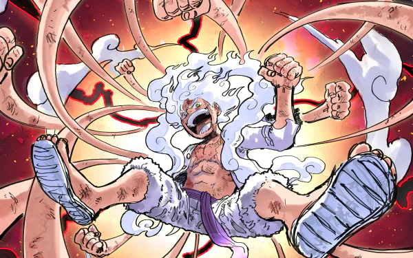 Monkey D. Luffy in Gear 5 from One Piece unleashes dynamic power in this vibrant 4K Ultra HD anime desktop wallpaper.