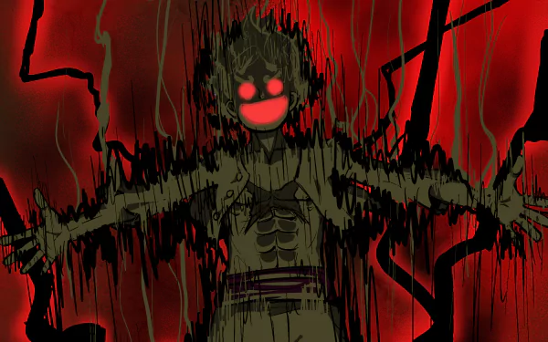 HD desktop wallpaper featuring Monkey D. Luffy in Gear 5 from One Piece. The dark anime theme is highlighted with red and black tones, creating an intense and powerful atmosphere.